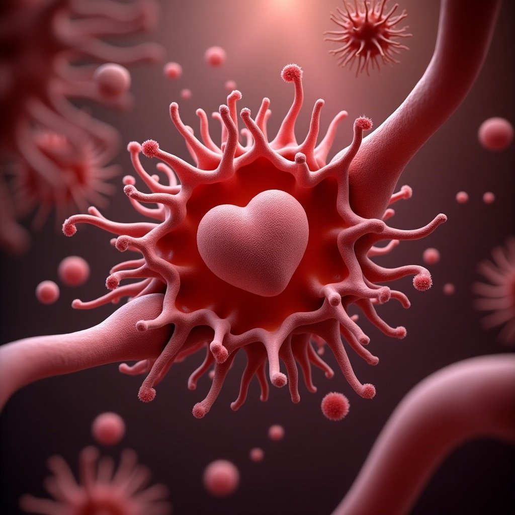 Bacteria entering blood stream, attaching to heart valve. Close-up view of microparticles and detailed structures. Heart shape within bacteria.