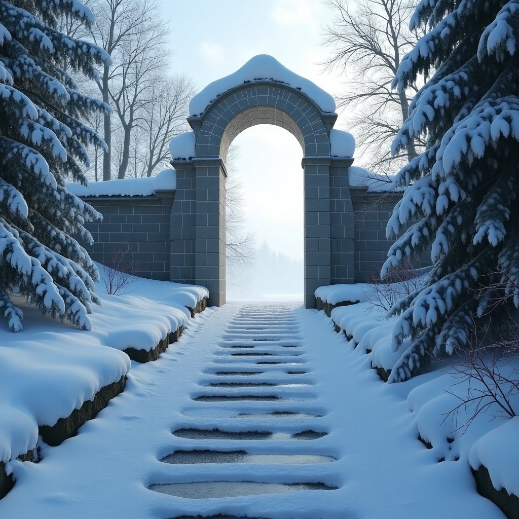 Scene of staircase leading to an archway covered in snow. Snow blankets the ground and trees. A serene winter landscape is visible beyond the gate.