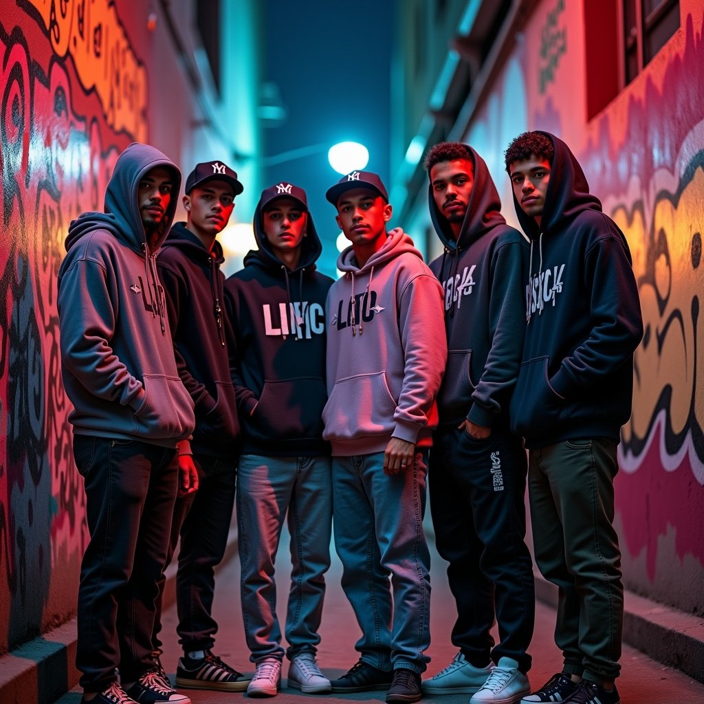 Group of six young men wearing hoodies in an urban alley. Neon lights reflect off the walls. The atmosphere is moody and vibrant.