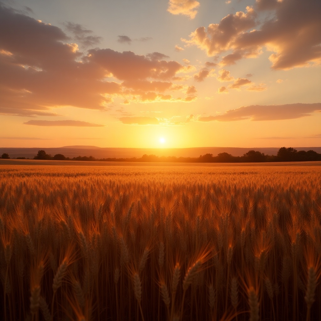 Vast landscape of wheat fields at sunset. Warm hues from the setting sun. Sun above the horizon is casting a golden glow. Sky painted in orange, pink, purple shades. Scattered clouds create a tranquil scene.