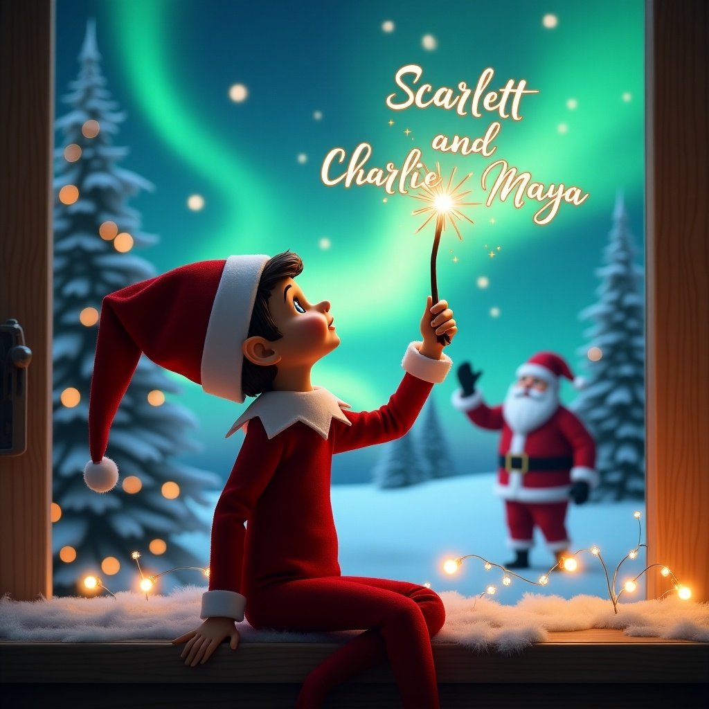 An enchanting Christmas scene showcases an elf on the shelf with his back to the viewer. The elf, dressed in traditional red and white, is facing the sky and elegantly using a magic wand to write names in the air. The background features a stunning display of northern lights, casting a magical glow over the winter landscape. Santa Claus can be seen in the background, adding to the festive atmosphere. The names 'Scarlett and Charlie' are elegantly inscribed in the sky, creating a whimsical and inviting holiday moment.