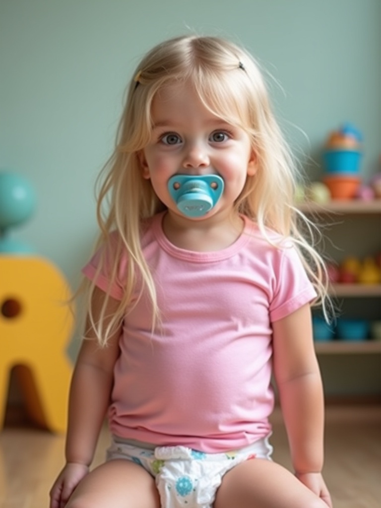 A young girl in a daycare. She has blonde hair and is wearing a pink shirt with diapers. A pacifier is in her mouth. She looks at the camera.