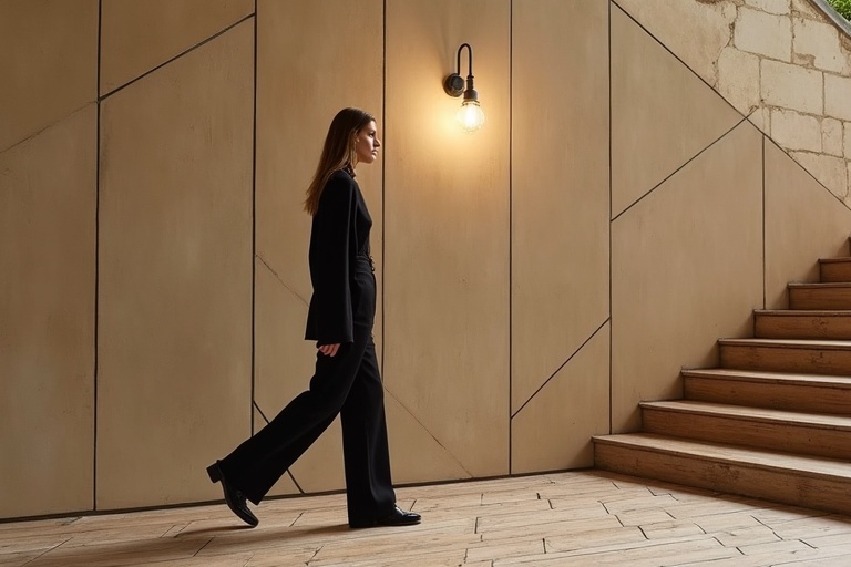 A stylish girl walks along a herringbone floor. An elegant outfit complements modern architecture. Warm light illuminates a wall. Wooden stairs lead upward. The atmosphere is urban and sophisticated. Textural contrasts are visible throughout the scene.