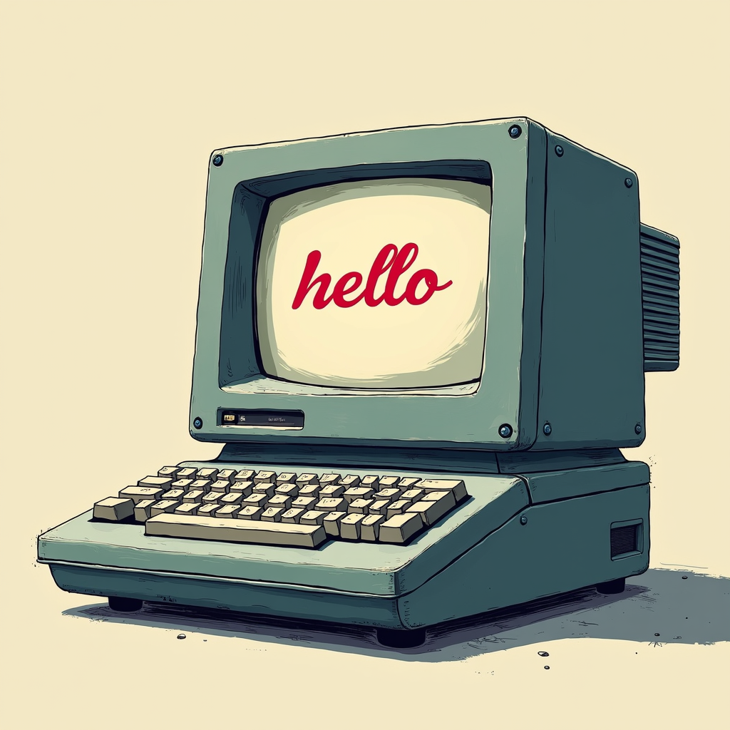 A vintage personal computer with the word 'hello' on its monochrome screen, featuring a classic design and bulky build.