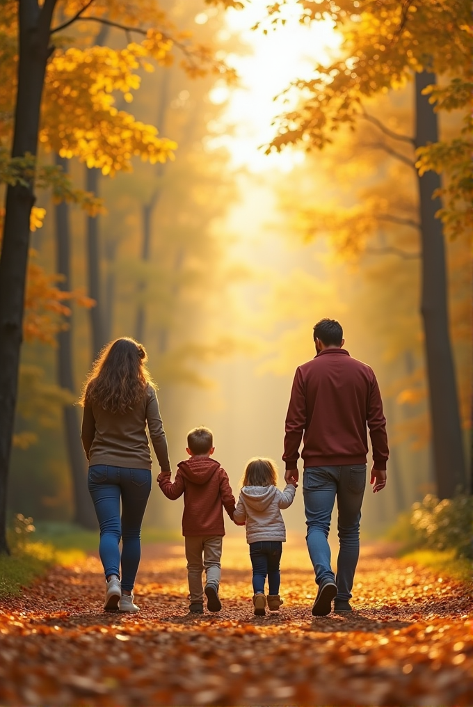 A family of four walks hand-in-hand along a sunlit forest path covered with autumn leaves.