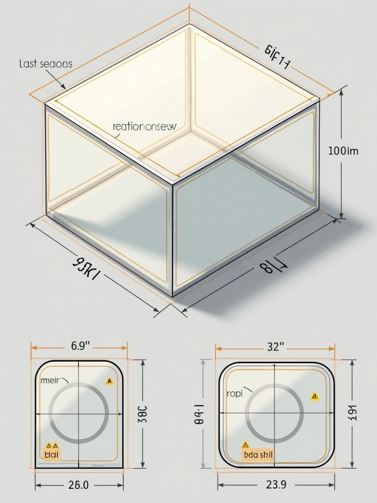 Transparent outline of a rectangular box in isometric view. Clear dimensions in inches. Yellow measurement lines and notes on gray background. Orthographic views with front, top, and side views labeled with metric dimensions. Highlight circles, angles, and notations for radii and diameters. Section for sketching an isometric view. Detailed measurements for manufacturing.