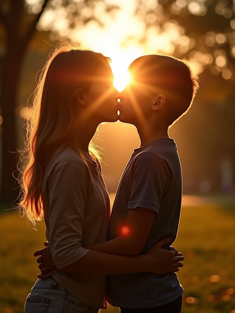 A girl and boy sharing a kiss in a park during beautiful sunset. The warm light surrounds them creating a romantic atmosphere.