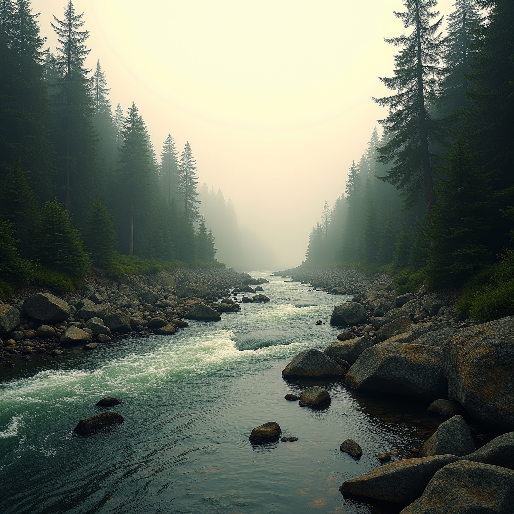 A serene river flows through a dense forest of towering pine trees, shrouded in a gentle mist that blurs the horizon in the early morning light.