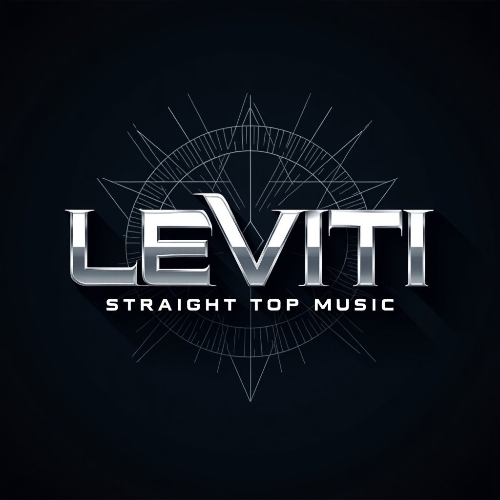 Design a modern logo for a music label called 'LEVITI.' The tagline is 'STRAIGHT TOP MUSIC.' The logo should have bold typography and a dynamic presence. Incorporate music-related elements creatively. Use a sophisticated color scheme of metallics and electric blues. The background should enhance but not overwhelm the logo's message.