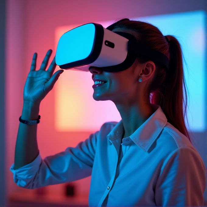 A person joyfully engaging with virtual reality, surrounded by vibrant blue and pink lights.