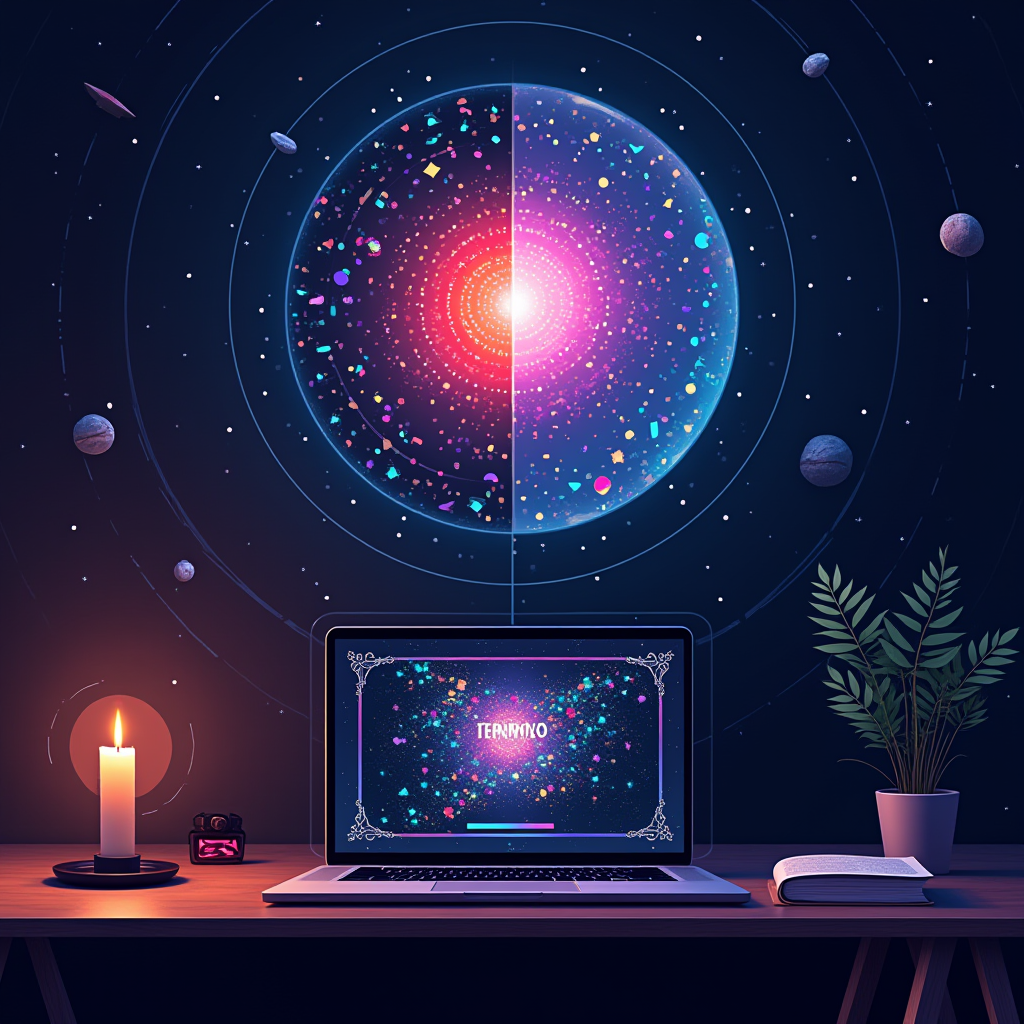 A laptop on a desk displays a cosmic-themed loading screen, surrounded by a candle, a plant, a book, and a camera, set against a backdrop of a cosmic sphere and planets.