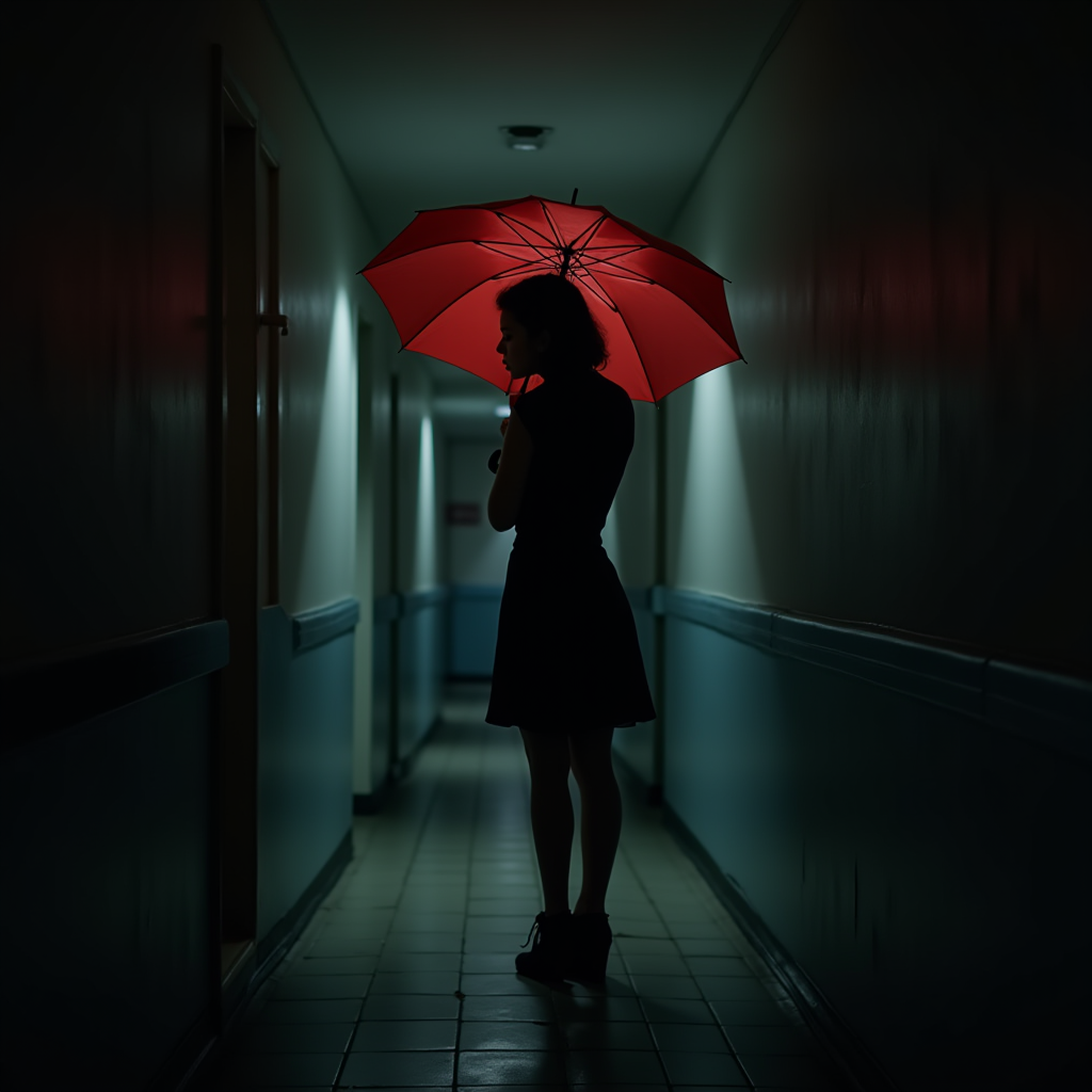 A silhouette of a person holding a red umbrella stands in a dimly lit corridor, creating a striking contrast against the dark surroundings.