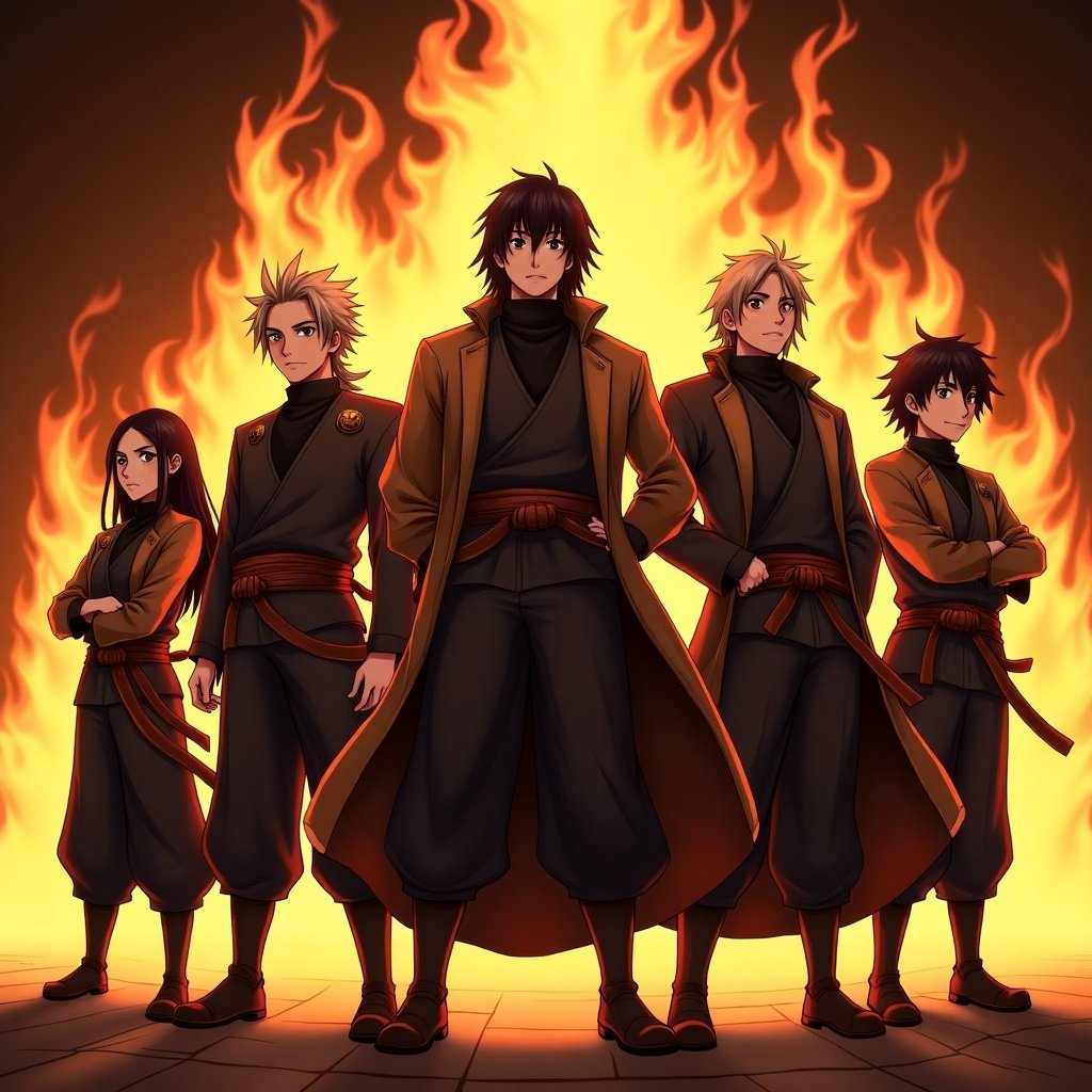 Five anime characters resemble ninjas standing confidently. Each character has a unique stance and outfit highlighting fire theme. Background filled with vivid flames creating dramatic atmosphere. Artistic style follows anime visuals.