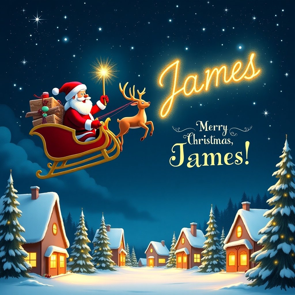 A magical Christmas card featuring Santa Claus flying through the night sky in his sleigh. Santa is writing the name 'James' in golden letters with a wand. Below is a snow-covered town with twinkling lights and trees. The phrase 'Merry Christmas, James!' is elegantly scripted.