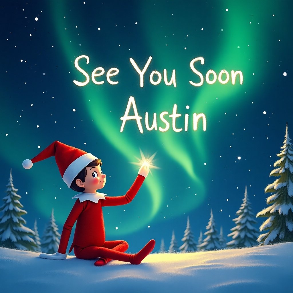 The image features a cheerful elf sitting in a snowy landscape under a stunning display of northern lights. The elf, dressed in a bright red outfit with a matching hat, is pointing towards the sky. Above him, the words 'See You Soon Austin' are glowing in a whimsical font. Snow-covered trees surround the scene, enhancing the magical winter atmosphere. The overall mood is festive and filled with anticipation for the upcoming holiday season.