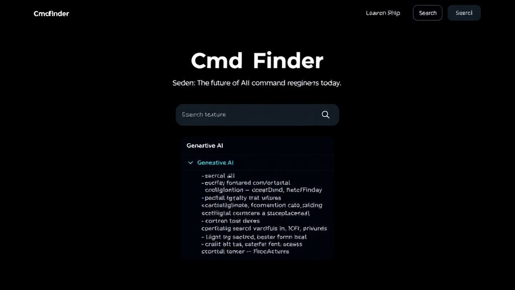 A dark-themed interface for 'Cmd Finder' featuring a search bar and generative AI options.