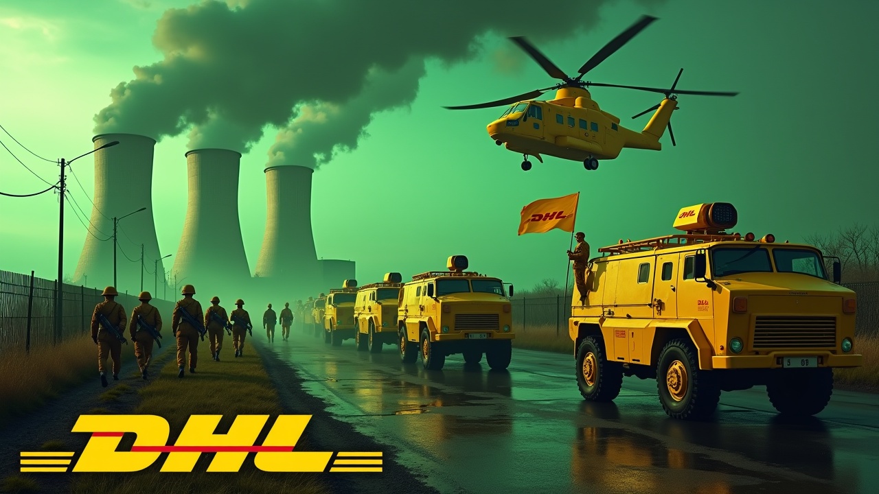 In a dramatic scene, several large yellow armored cars approach a fence, showcasing the DHL logo. Soldiers in yellow uniforms march together, some holding rifles. One soldier stands tall, holding a flag with the DHL logo. The background features prominent smokestacks of a nuclear power plant, casting a green glow across the scene. A yellow Chinook helicopter flies overhead, enhancing the tension. The overall atmosphere is charged with action, emphasizing DHL’s commitment to logistics even in daunting environments.