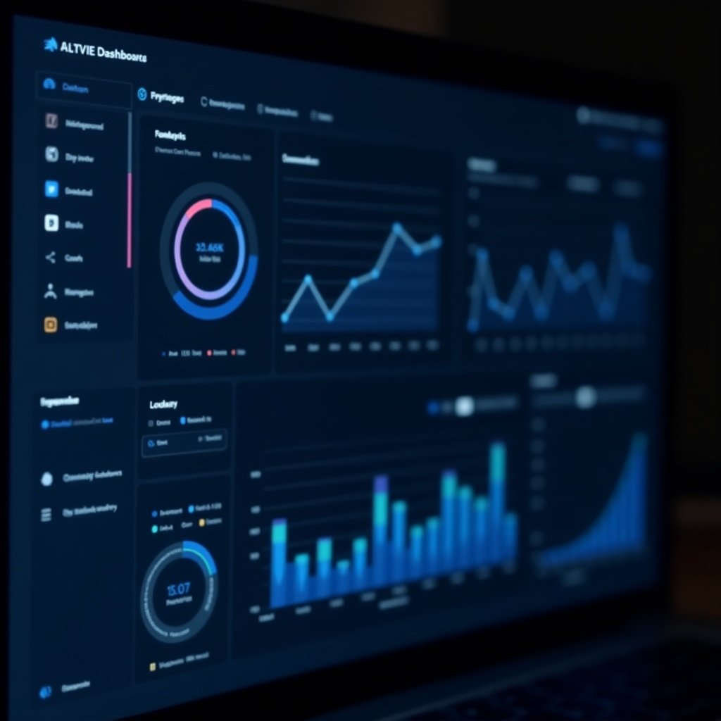 Modern data analytics dashboard with multiple graphs and charts. High-tech aesthetic with a blue, black, and white color scheme. Soft illumination highlights the graphical content. Represents key metrics and data points for business intelligence.