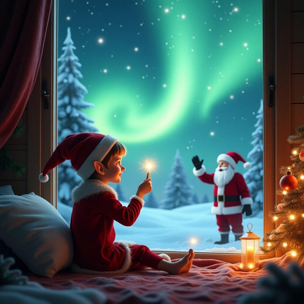 An elf character sits by a window during Christmas. The elf looks at northern lights outside. The elf uses a wand to write 'Angelica in the sky.' Santa Claus is in the background. The scene is a winter wonderland with snow-covered trees and a glowing ambiance.