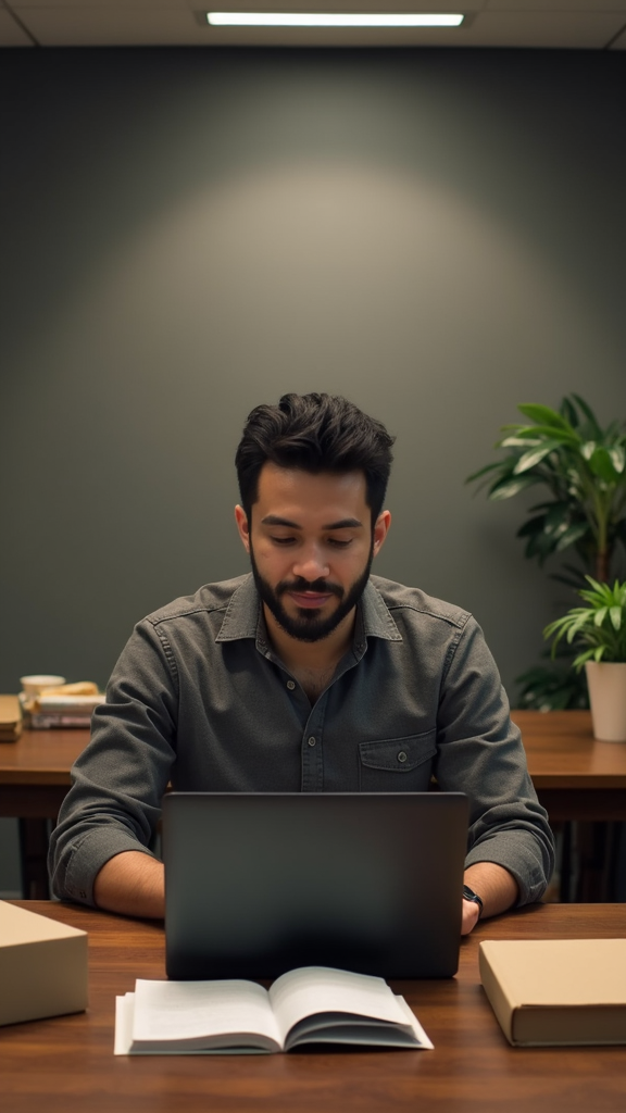 A person is working intently on a laptop with an open book on the desk, surrounded by a plant and cardboard boxes.