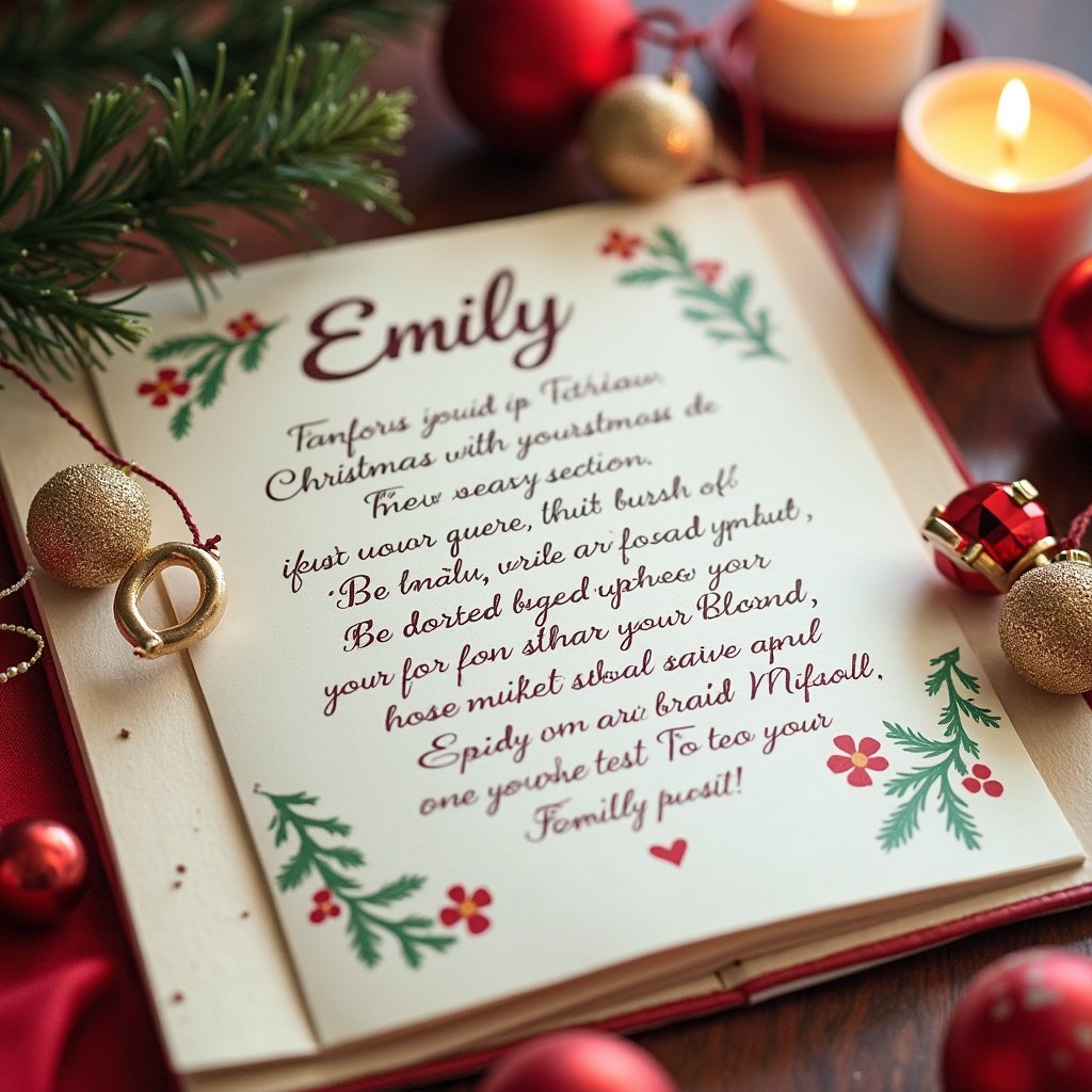 The image features a beautifully crafted Christmas blessing dedicated to someone named Emily. Handwritten in elegant script, 'Emily' stands out at the top of the card. Surrounding the name are festive decorations, including holly and floral elements, all in seasonal colors. The card is placed on a wooden table, adorned with candles and ornaments that evoke a warm, cozy holiday atmosphere. This setting enhances the heartfelt message written within the card, making it perfect for the Christmas season.