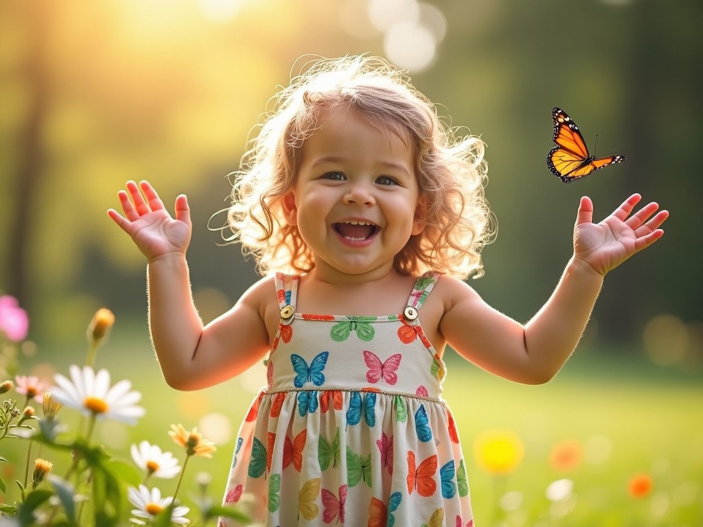 A joyful child in a field wearing a butterfly-patterned dress, smiling with arms raised, as a butterfly flutters nearby, captured in soft, natural sunlight.