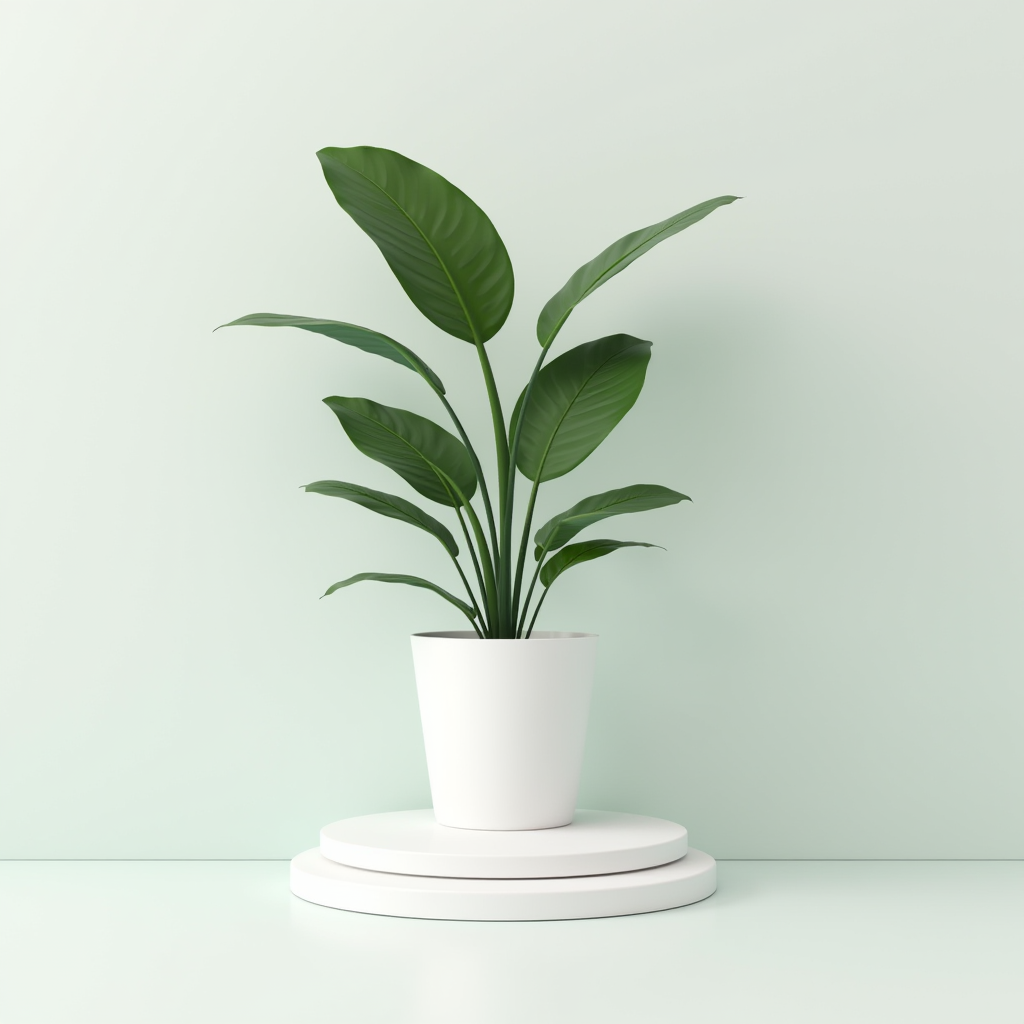 A minimalist indoor plant in a white pot against a soft green background.