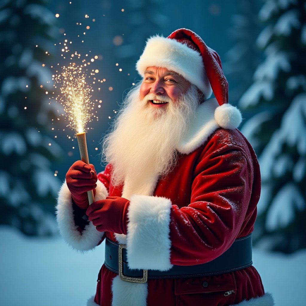 Jolly Santa Claus in a snowy landscape holding a magical wand shining with sparkles. Classic red suit with white fur trim. Twinkling eyes filled with joy. Behind snowy scene with evergreen trees and a starry night sky. Festive magical atmosphere for holiday season.