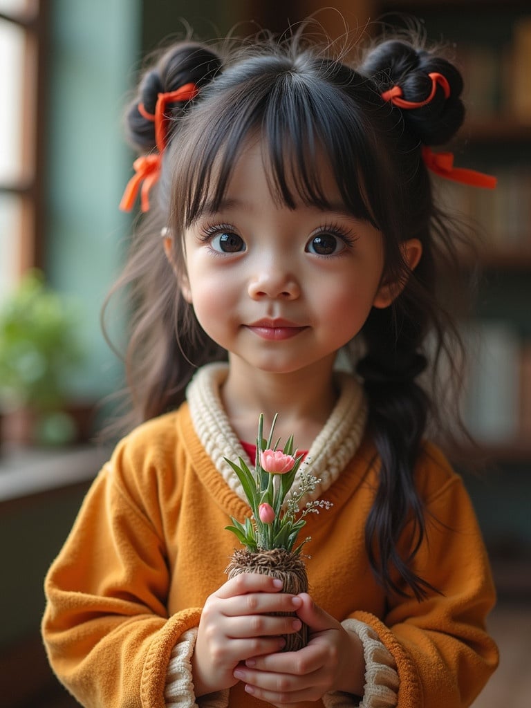 A child holding a small flower in a cozy indoor setting. The child wears an orange sweater. Natural light fills the room, highlighting warmth and innocence.