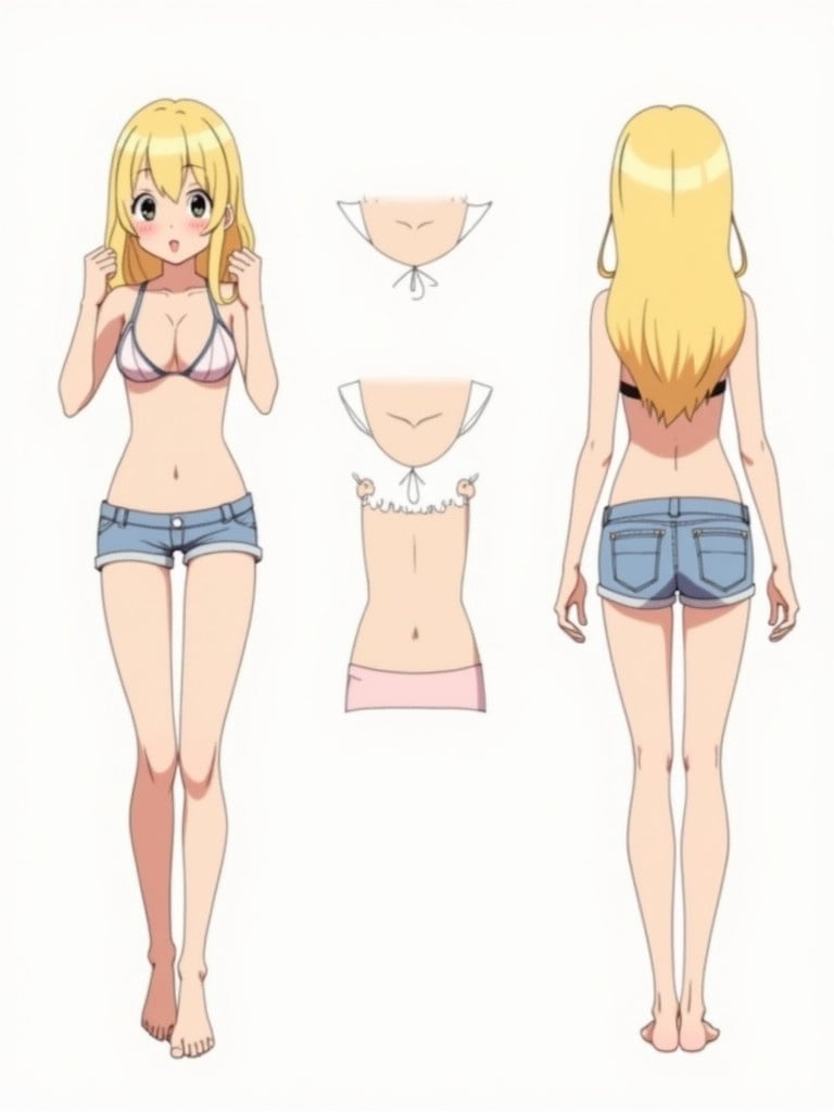 Anime style character sheet with a blond-haired girl. She is shown from front, side, and back views. The girl wears a bikini top and denim shorts.