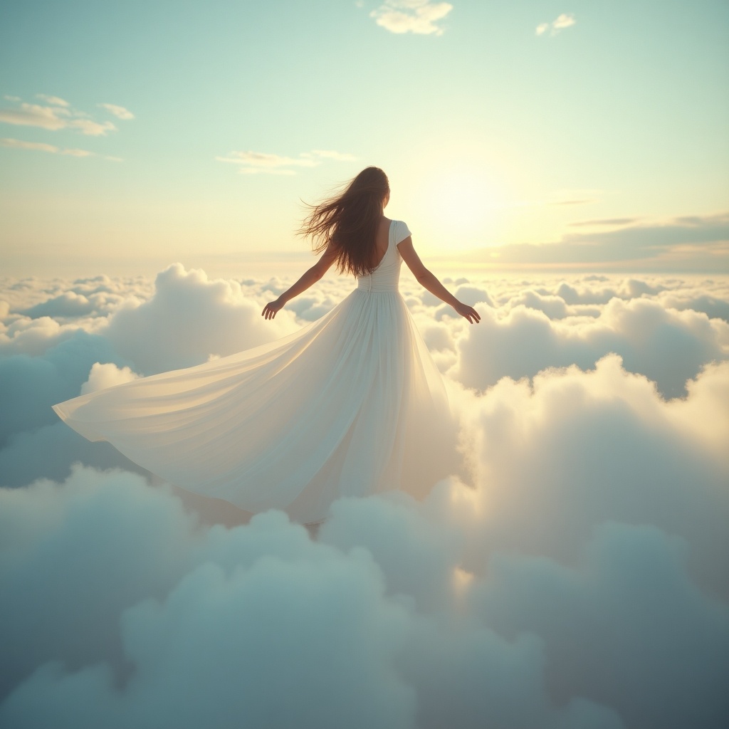 A woman in a flowing white dress gracefully hovering among clouds. Scene set against a serene sky with softly illuminated clouds, capturing a dreamlike state.