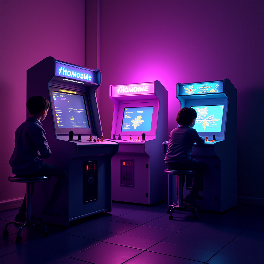 Two children are playing on vintage arcade machines in a dimly lit room with vibrant purple lighting.