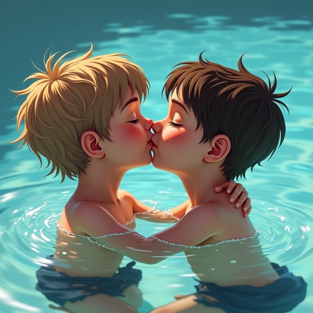 Two boys approximately 13 years old are playfully embracing in a swimming pool. They are wearing swimsuits. The background is bright and blurred, focusing on their interaction.