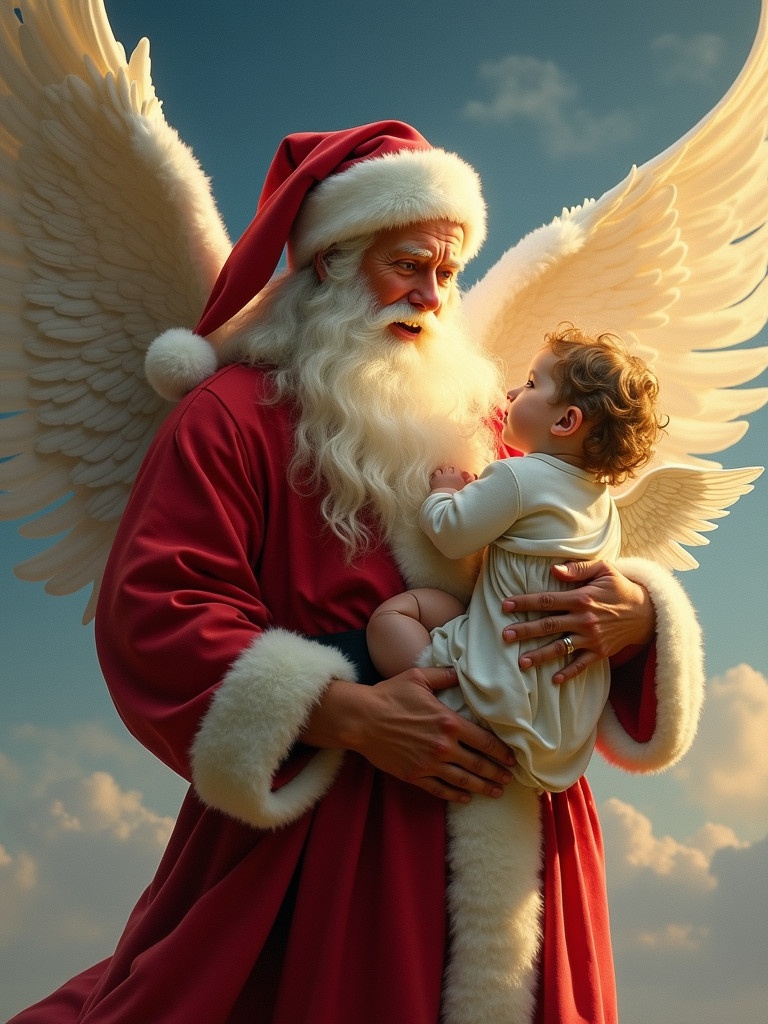 Father Christmas in a red suit with white trim holds a baby while an angel stands nearby. The scene is set in a heavenly atmosphere filled with soft clouds. It portrays warmth and family togetherness during the Christmas season.