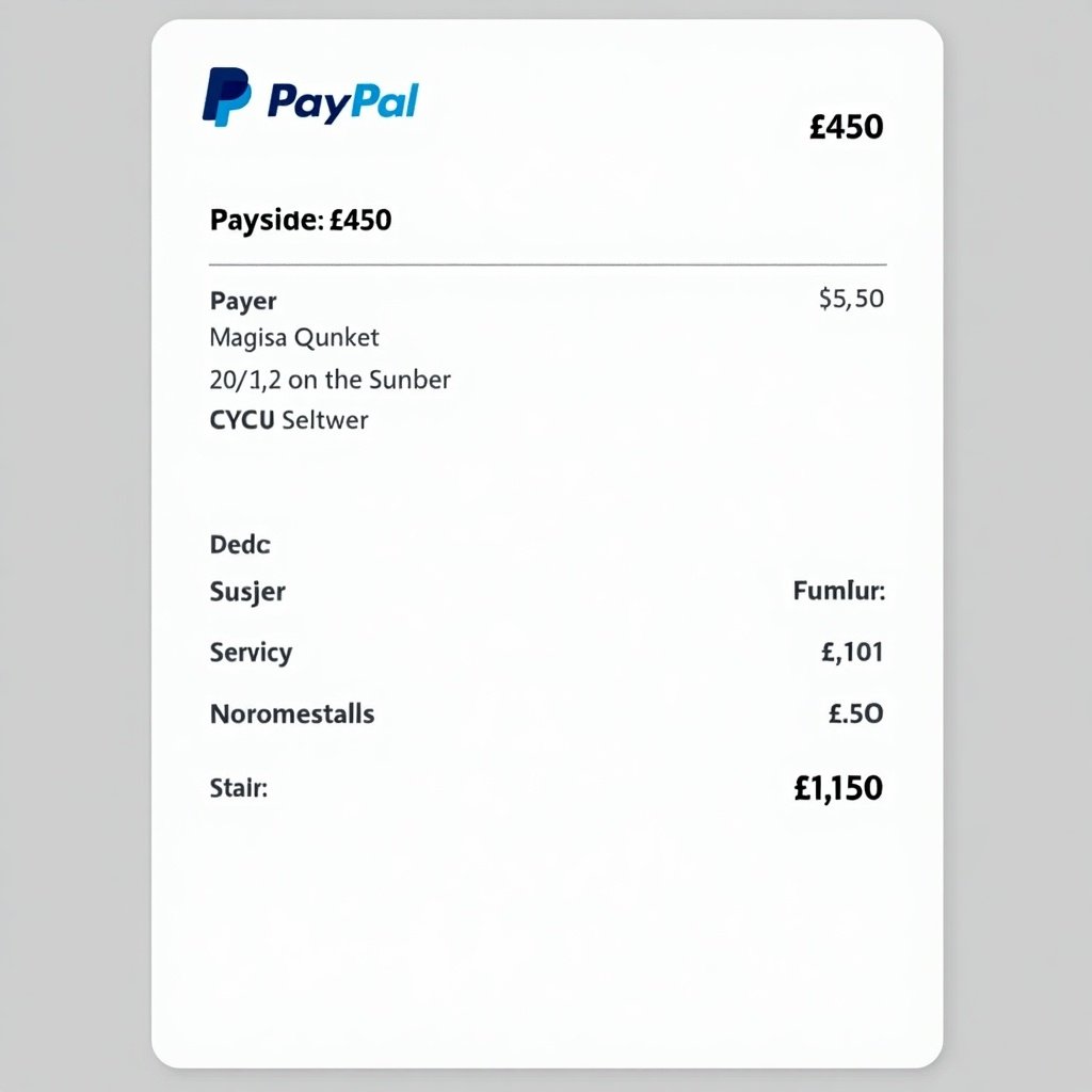 PayPal payment receipt displays transaction of £450 with payer details. Features PayPal logo at the top. Design is minimalist and suitable for online payments.