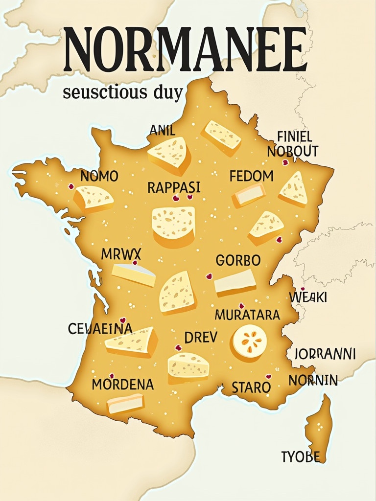 Poster showcases a map of Normandy. Different cheeses illustrated across the map. Fun typography displayed at the top. Cheerful design with a warm color palette. Focus on cheese diversity in the region.