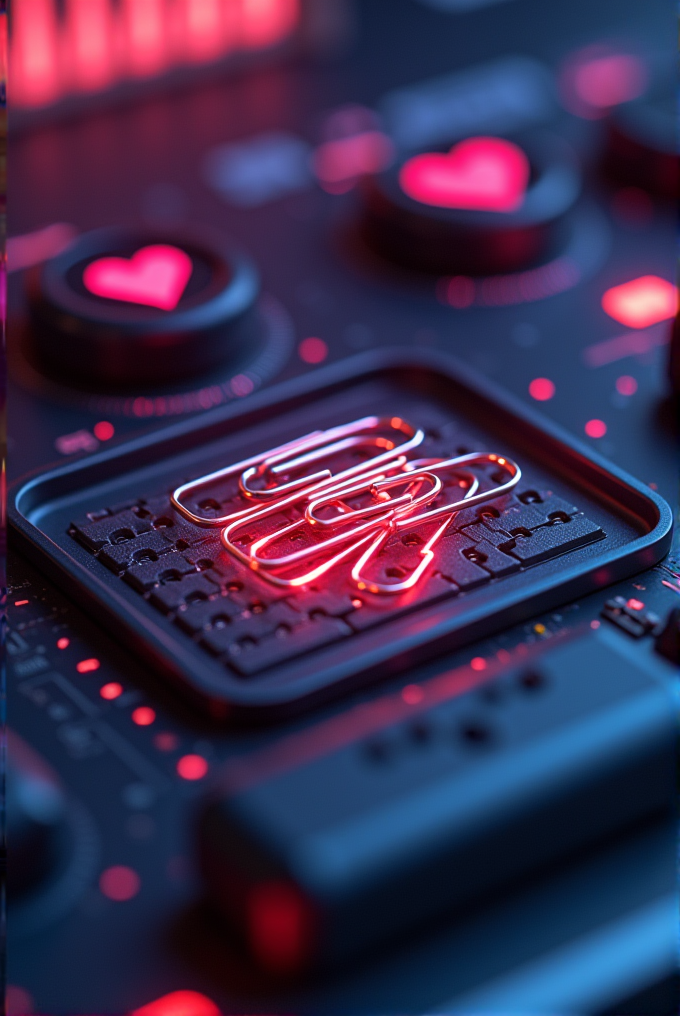 A close-up of a futuristic circuit board with red neon lights and heart symbols.