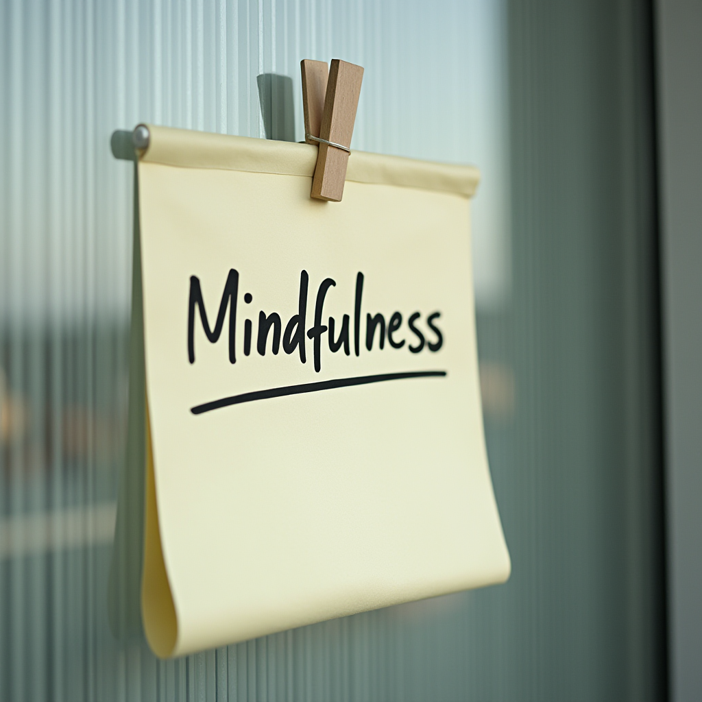 A yellow paper with the word 'Mindfulness' is pinned to a glass surface using a wooden clip.