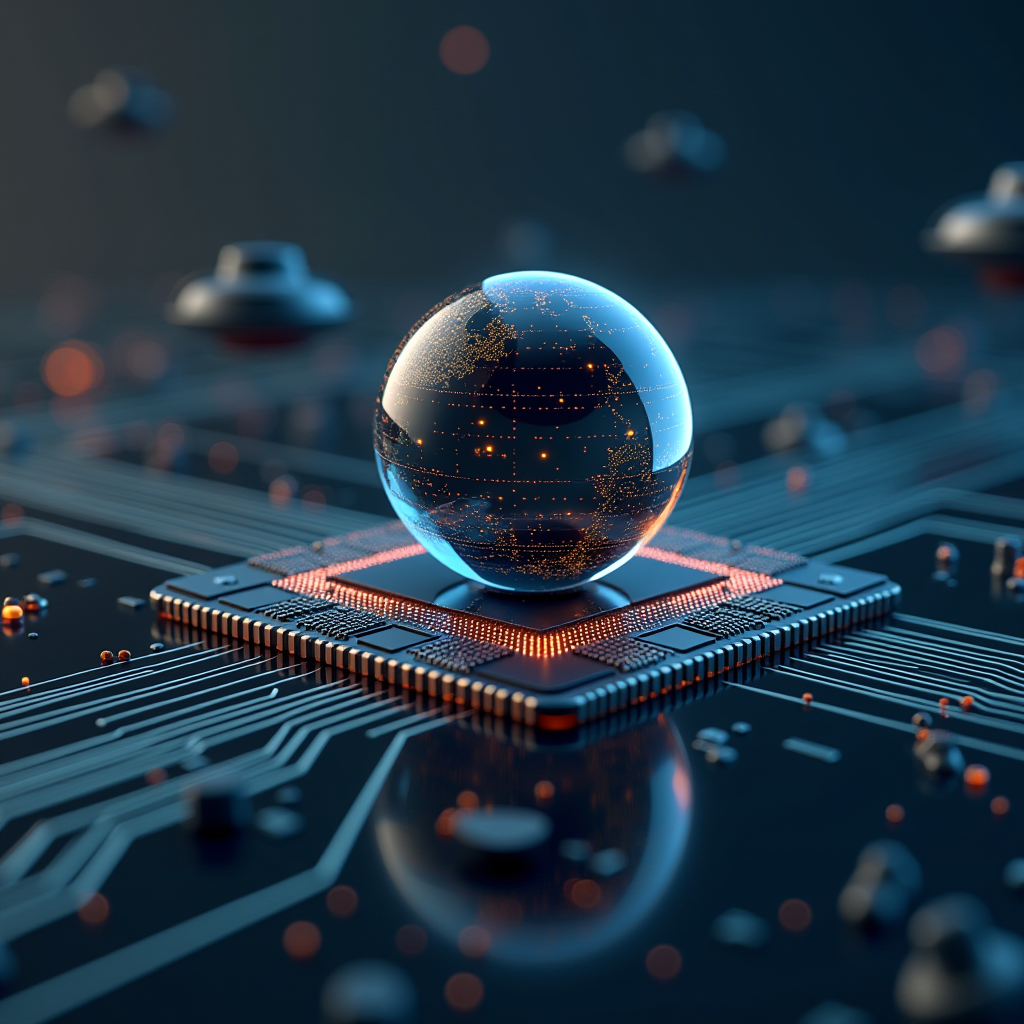 A glowing transparent sphere representing a digital network sits atop a microchip, symbolizing the fusion of global connectivity and technology.