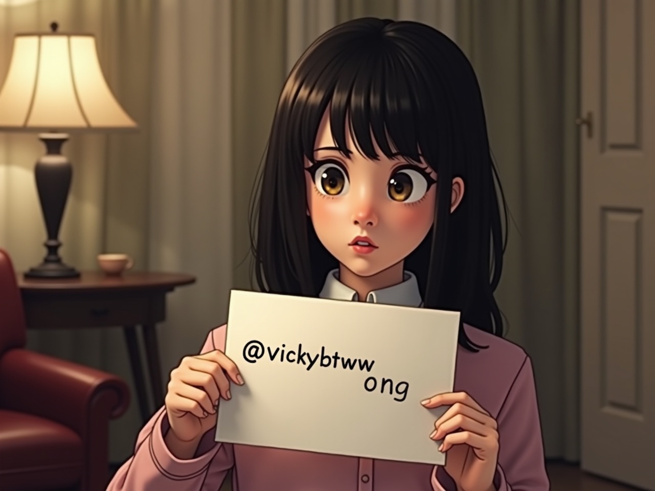 A girl with glossy black hair is sitting in a cozy living room. She has a surprised expression, with large expressive eyes. In her hands, she holds a piece of paper that reads '@vickybtww on ig'. The background features warm lighting from a lamp and soft furniture, enhancing the atmosphere. The overall feel of the image is inviting and personal. The girl's attire is casual, contributing to the relatable appearance of the scene.