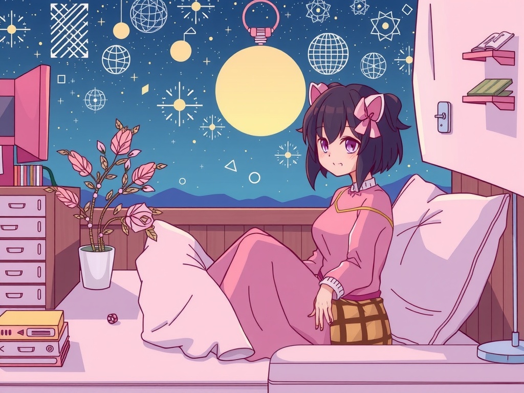 A young girl in a cozy room gazes dreamily at the night sky filled with stars and celestial symbols.