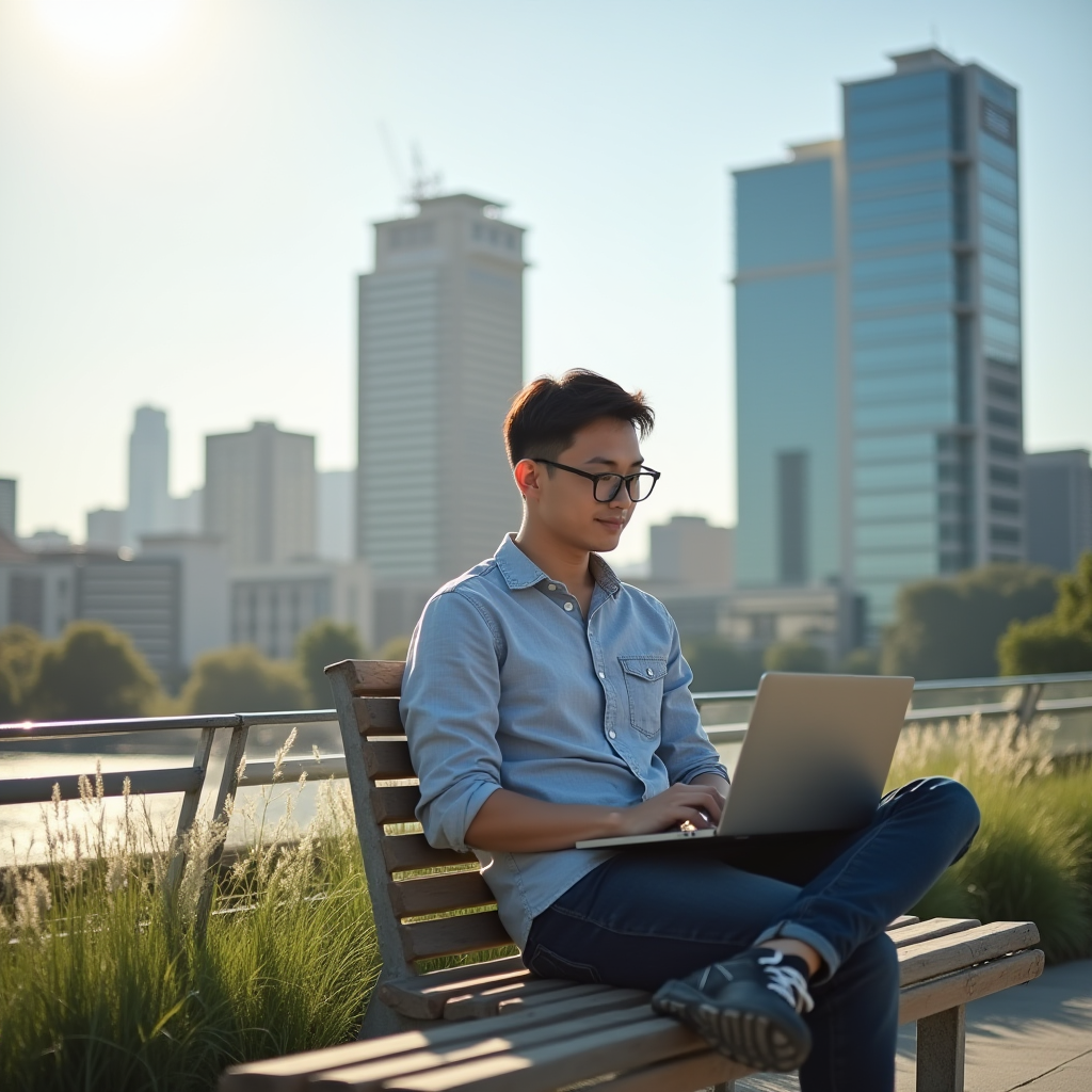 A man sits on a park bench with a laptop, surrounded by tall buildings and greenery on a sunny day.