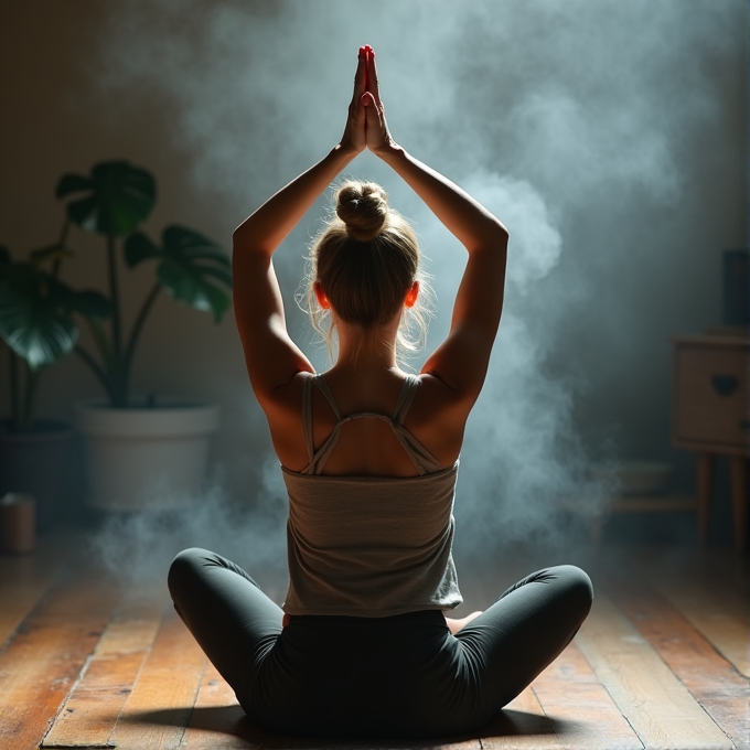 A person sits cross-legged in a serene environment, shrouded in soft, ethereal light and surrounded by gentle mist.