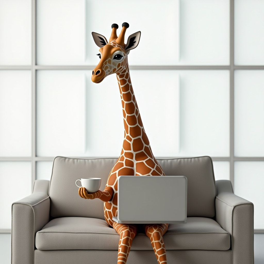 A stylized giraffe casually sits on a modern couch holding a coffee cup, with a laptop on its lap.