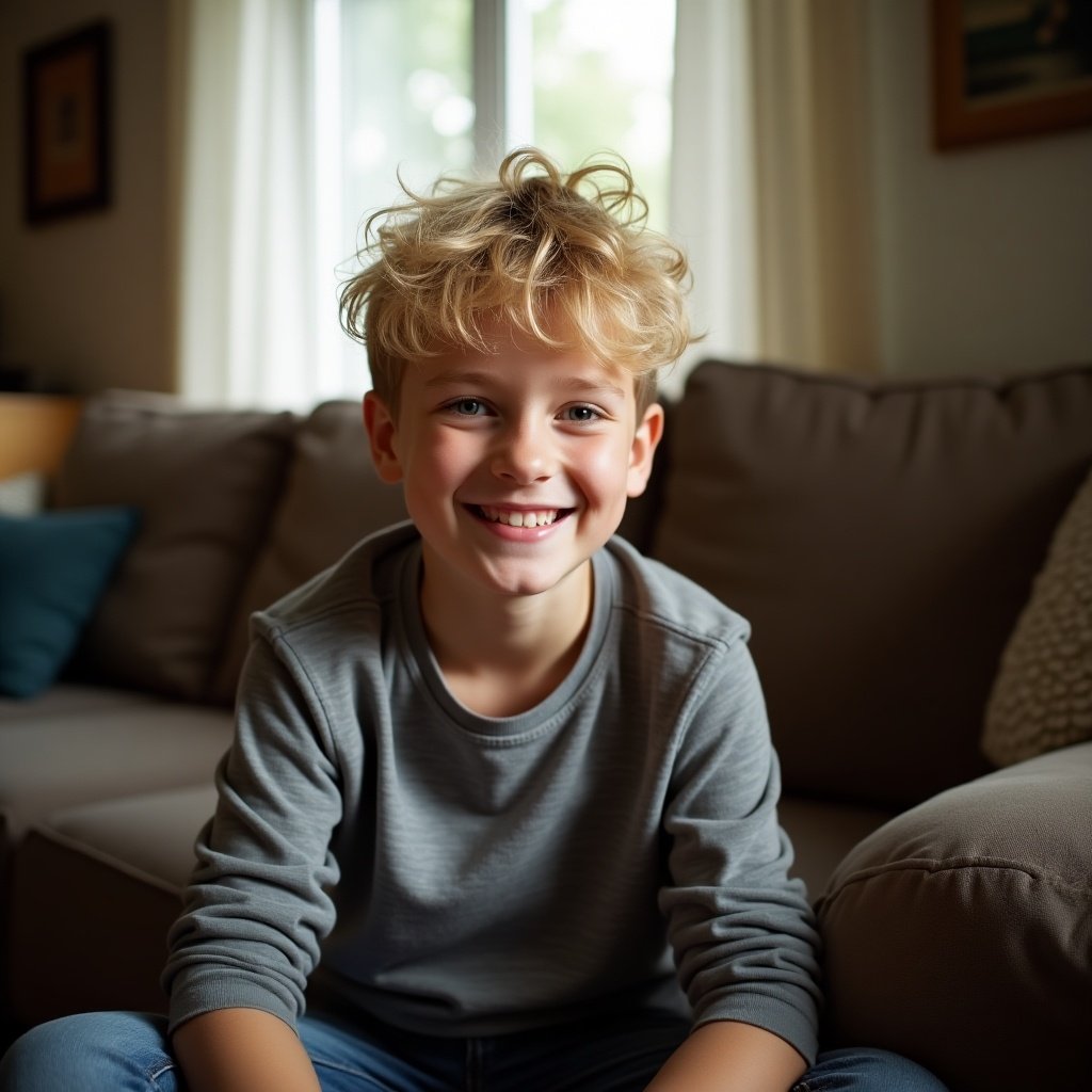 A pre-teen boy with blonde hair is sitting on the couch in a cozy environment. The scene is brightened by soft natural lighting. The boy appears cheerful and relaxed.