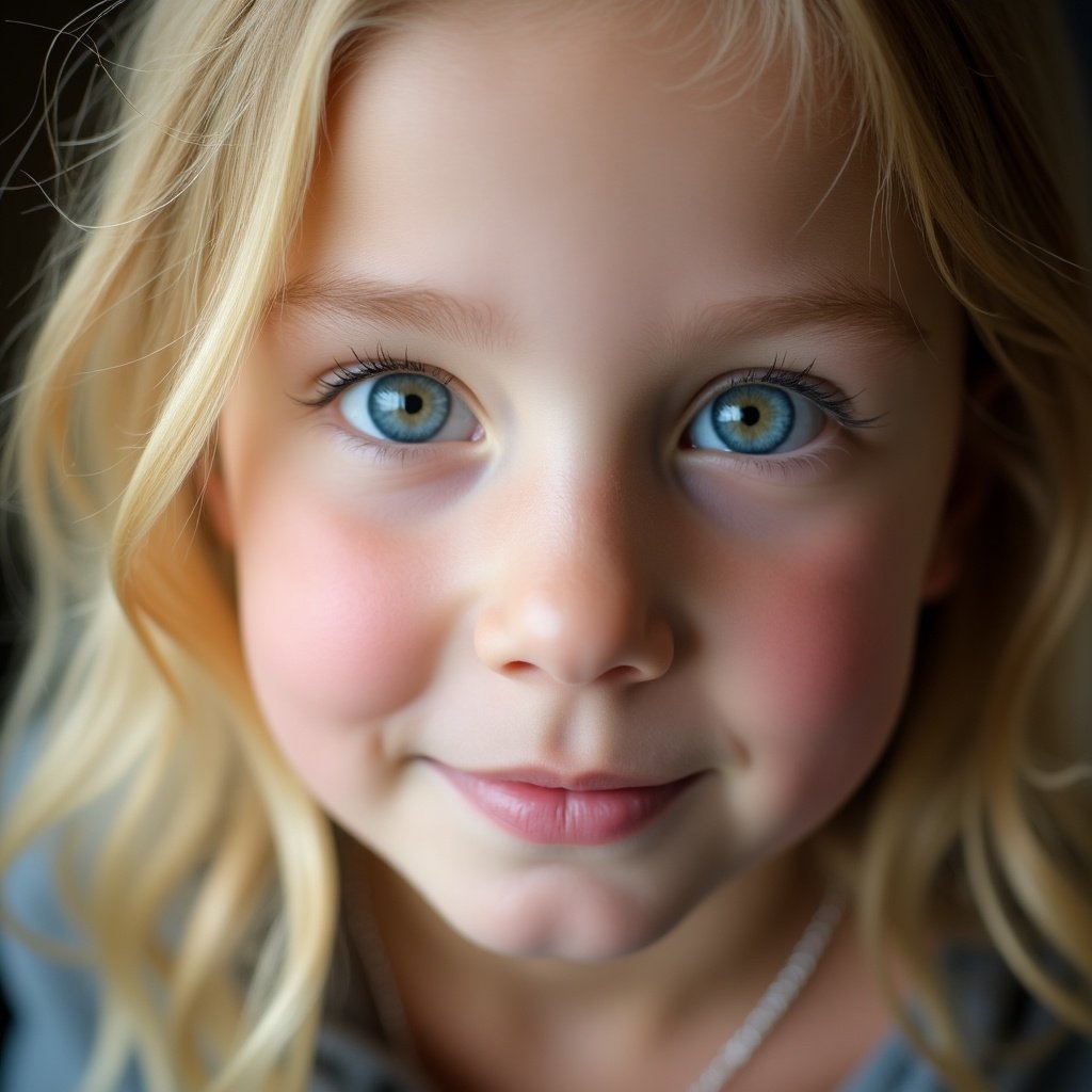 A close-up portrait of a girl with striking blue eyes and blonde hair.