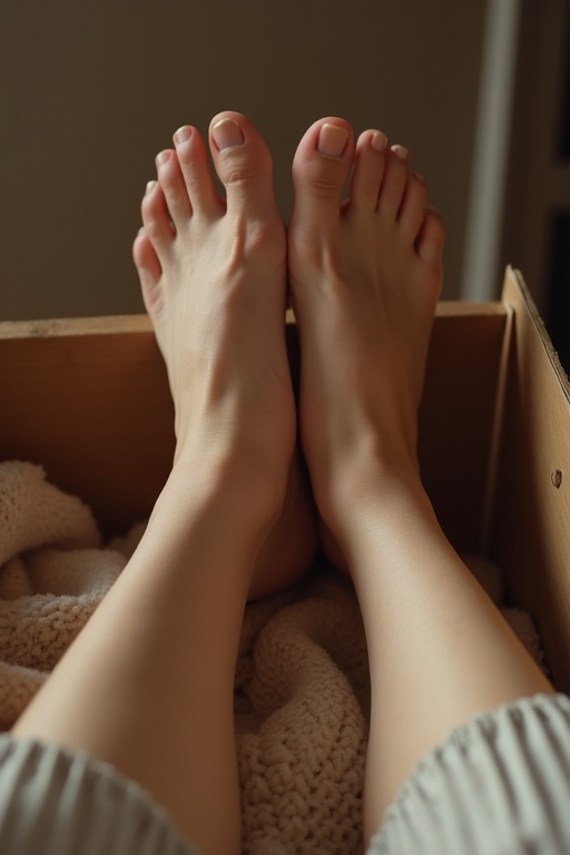 A woman's feet are resting in a box. The feet are well-groomed and relaxed. The image captures soft natural lighting. The background features a cozy texture.