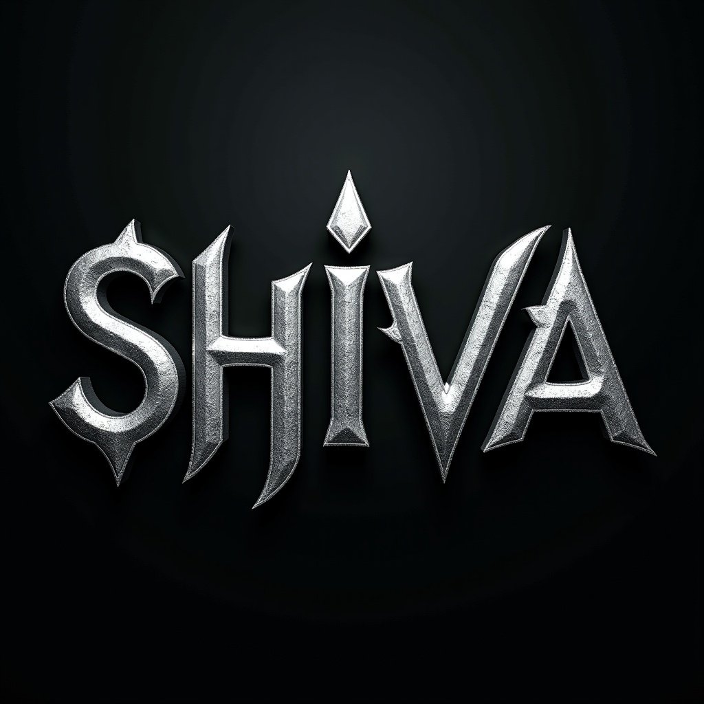 Glossy silver metal word SHIVA against a dark background. Focus on metallic finish and sleek design. Minimalistic style enhances visibility of the word.