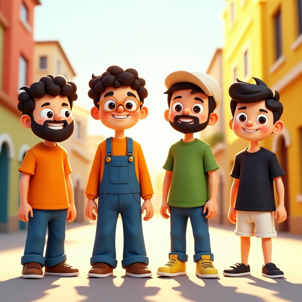 This image features a cheerful group of four animated teenage boys in a colorful cartoon style. Two of them have beards, one wears stylish glasses, and the last one has a trendy hat. They are standing in a vibrant, toy town-like background bathed in warm sunlight. Their cheerful demeanor captures a fun and playful essence, perfect for a young audience. The characters are designed in a Lego-inspired style, making them appealing and engaging for children.