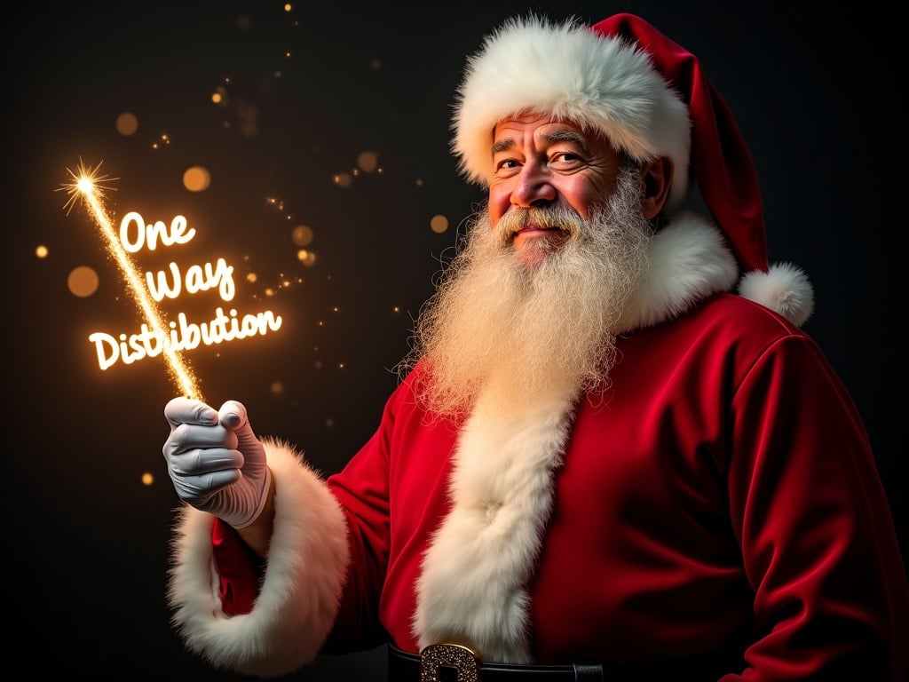 Santa Claus in traditional red and white suit holds a glowing stick that spells the name One Way Distribution. Cheerful expression. Dark background enhances glowing text. Reflects Christmas magic and joy.